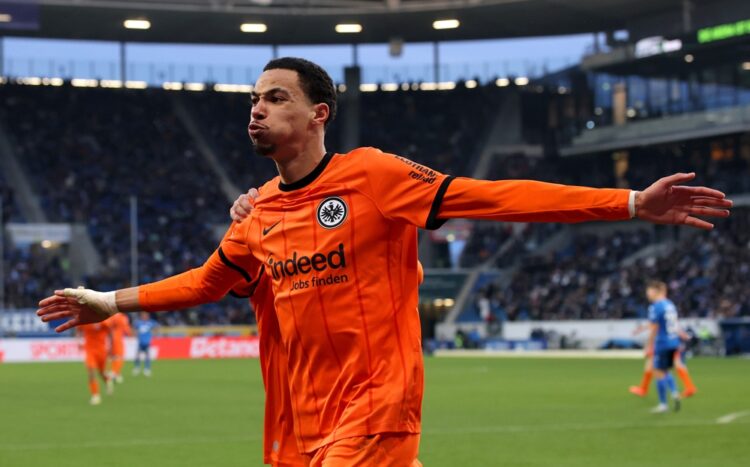 SINSHEIM, GERMANY: Hugo Ekitike of Eintracht Frankfurt celebrates scoring his team's second goal during the Bundesliga match between TSG 1899 Hoffe...