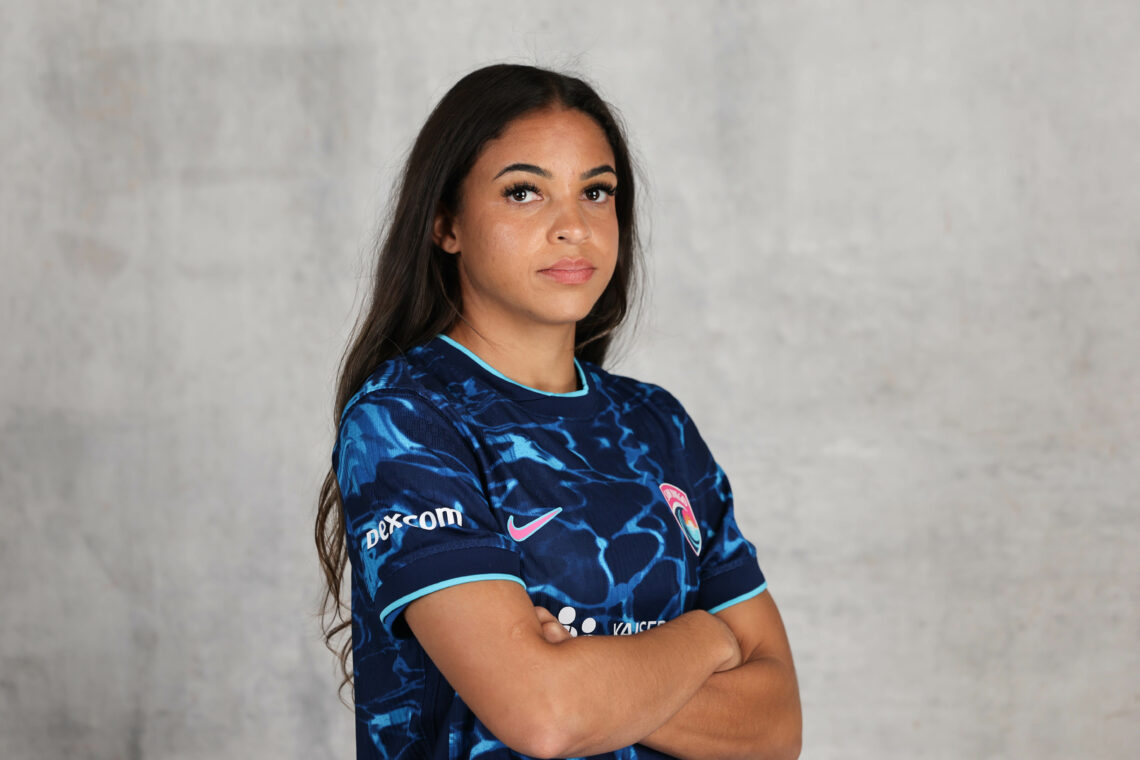 BEVERLY HILLS, CALIFORNIA - JANUARY 24: Delphine Cascarino #20 of the San Diego Wave FC poses for a portrait during NWSL Media Day on January 24, 2...