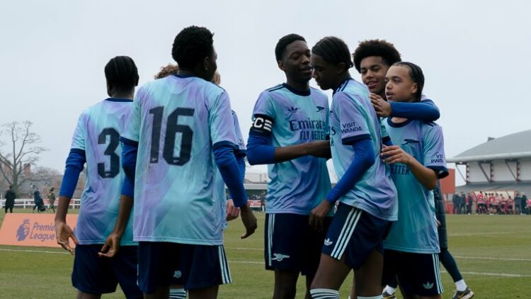 Arsenal's u15s celebrate a goal at the Premier League u15 International Tournament (Photo via PLYouth on Twitter)