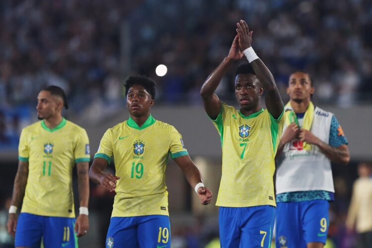 BUENOS AIRES, ARGENTINA: Vinicius Junior of Brazil and teammates react after the team's defeat in the South of American FIFA World Cup 2026 Qualifi...