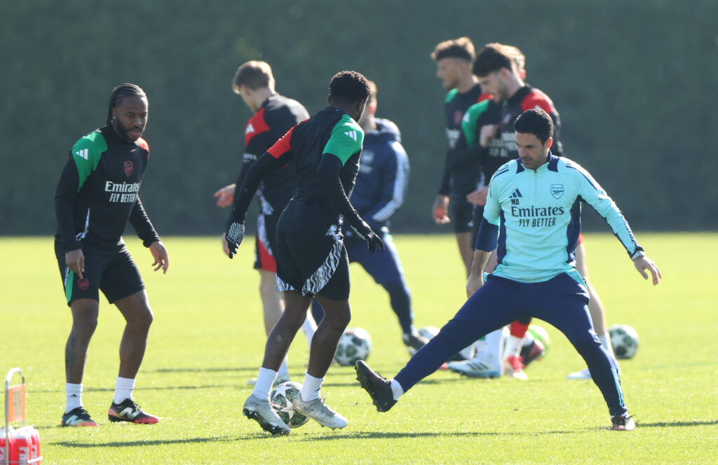 arsenal fc training session and press conference uefa champions league 2024 25 round of 16 first leg 1