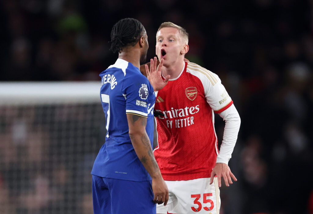 Arsenal and AC Milan working on €15m deal for 28yo 3 LONDON, ENGLAND - APRIL 23: Oleksandr Zinchenko of Arsenal speaks with Raheem Sterling of Chelsea during the Premier League match between Arsenal FC and Chelsea FC at Emirates Stadium on April 23, 2024 in London, England. (Photo by Alex Pantling/Getty Images)