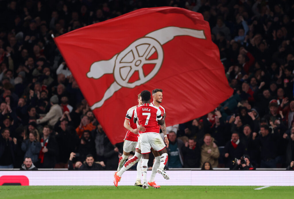 Maresca on Arsenal, Chelsea’s progress, and closing the 6-point gap 2 LONDON, ENGLAND - APRIL 23: Ben White celebrates scoring his team's second goal with Bukayo Saka of Arsenal during the Premier League match between Arsenal FC and Chelsea FC at Emirates Stadium on April 23, 2024 in London, England. (Photo by Alex Pantling/Getty Images)