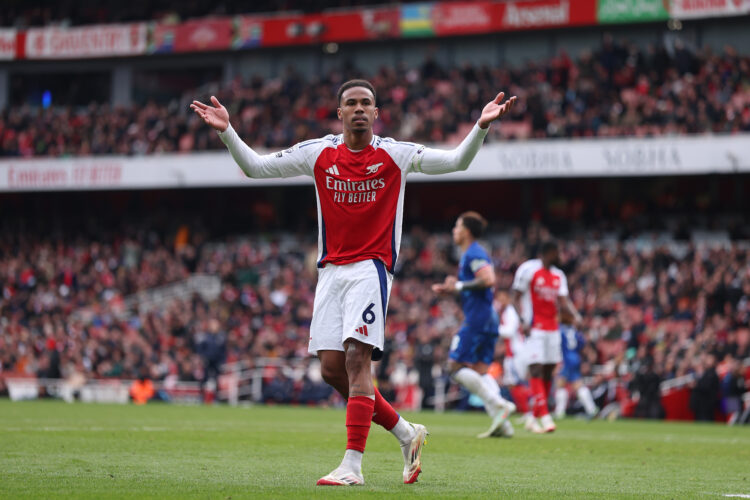 LONDON, ENGLAND - MARCH 16: Gabriel of Arsenal reacts during the Premier League match between Arsenal FC and Chelsea FC at Emirates Stadium on Marc...
