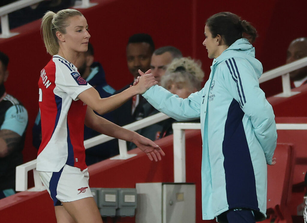 Slegers wins Manager of the Month again as McCabe wins Goal of the Month 2 LONDON, ENGLAND - MARCH 22: Leah Williamson of Arsenal Football Club and Renee Slegers Manager of Arsenal Foot ball Club at Emirates Stadium on March 22, 2025 in London, England. (Photo by Richard Pelham/Getty Images)
