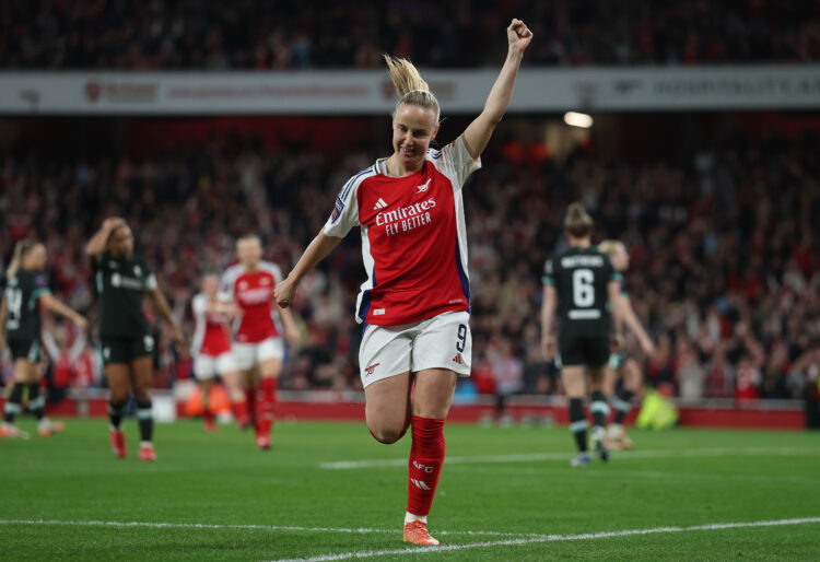 LONDON, ENGLAND - MARCH 22: Beth Mead of Arsenal celebrates scoring her team's fourth goal during the Barclays Women's Super League match between A...