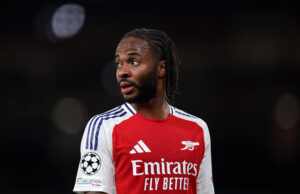 Raheem Sterling of Arsenal reacts during the UEFA Champions League 2024/25 UEFA Champions League 2024/25 Round of 16 Second Leg match between Arsenal FC and PSV at Emirates Stadium on March 12, 2025 in London, England.