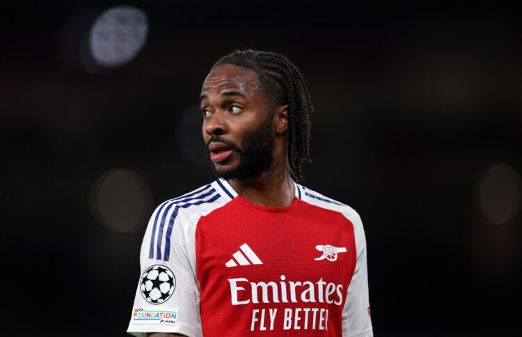 LONDON, ENGLAND - MARCH 12: Raheem Sterling of Arsenal reacts during the UEFA Champions League 2024/25 UEFA Champions League 2024/25 Round of 16 Se...