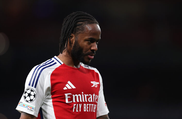 LONDON, ENGLAND - MARCH 12: Raheem Sterling of Arsenal reacts during the UEFA Champions League 2024/25 UEFA Champions League 2024/25 Round of 16 Se...