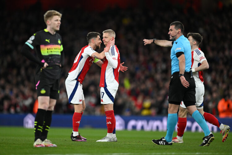 LONDON, ENGLAND - MARCH 12: Oleksandr Zinchenko of Arsenal quietly celebrates scoring his team's first goal with teammate Jorginho during the UEFA ...