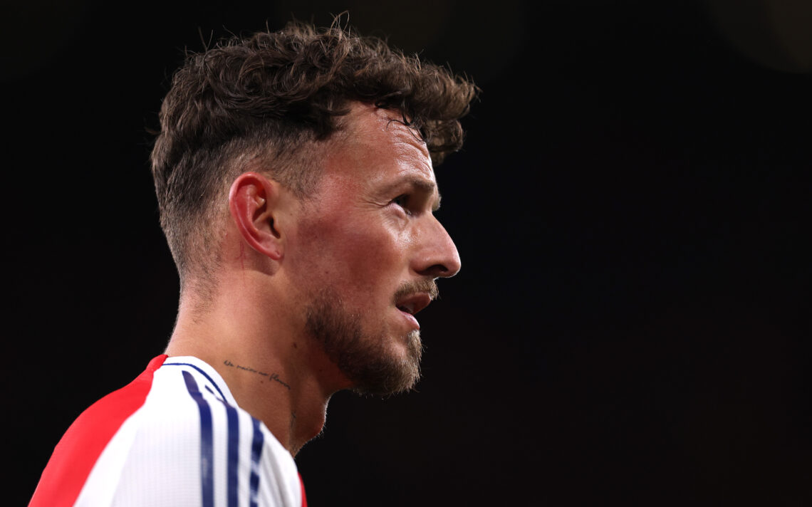 LONDON, ENGLAND - MARCH 12: Ben White of Arsenal reacts during the UEFA Champions League 2024/25 UEFA Champions League 2024/25 Round of 16 Second L...