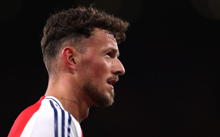 LONDON, ENGLAND - MARCH 12: Ben White of Arsenal reacts during the UEFA Champions League 2024/25 UEFA Champions League 2024/25 Round of 16 Second L...