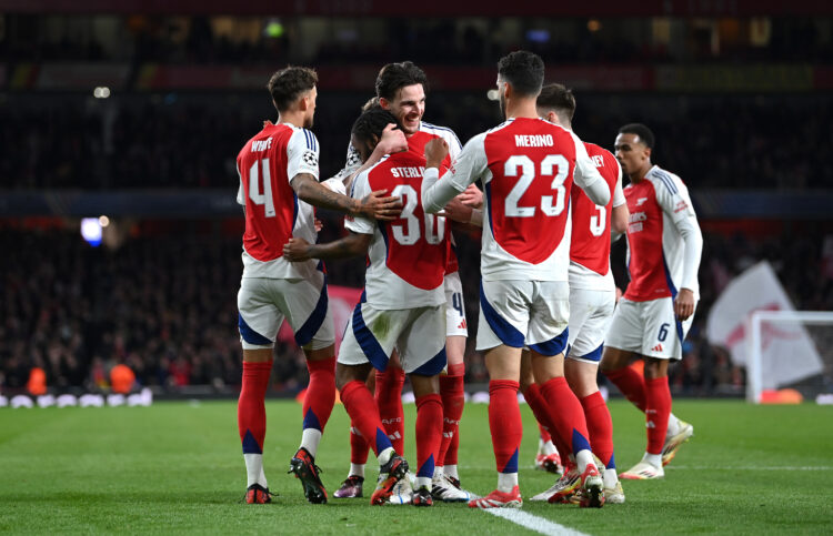 LONDON, ENGLAND - MARCH 12: Declan Rice of Arsenal celebrates scoring his team's second goal with teammates Ben White, Raheem Sterling, Mikel Merin...