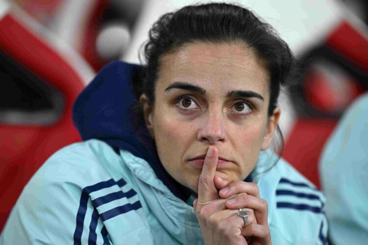 LONDON, ENGLAND - MARCH 26: Renee Slegers, Manager of Arsenal, looks on prior to the UEFA Women's Champions League Quarter Finals Second Leg match ...