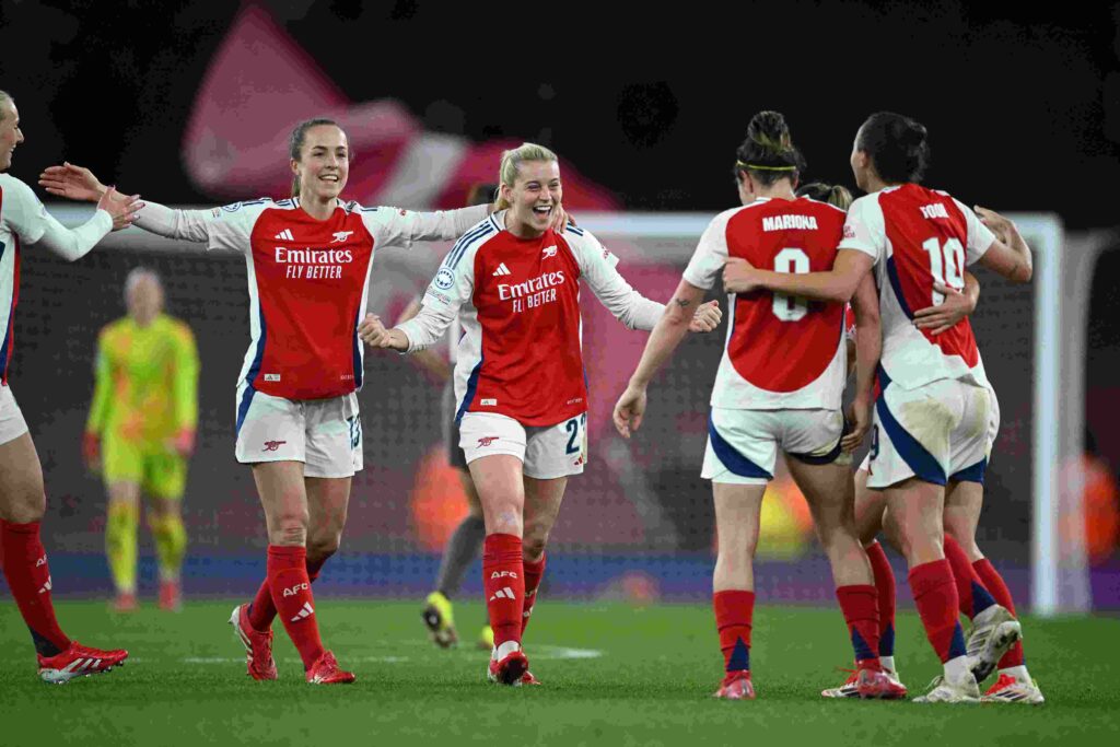 LONDON, ENGLAND - MARCH 26: Lia Walti and Alessia Russo of Arsenal celebrate after the team's victory and progression to the Semi-Final after the UEFA Women's Champions League Quarter Finals Second Leg match between Arsenal FC and Real Madrid CF at Emirates Stadium on March 26, 2025 in London, England. (Photo by Justin Setterfield/Getty Images)