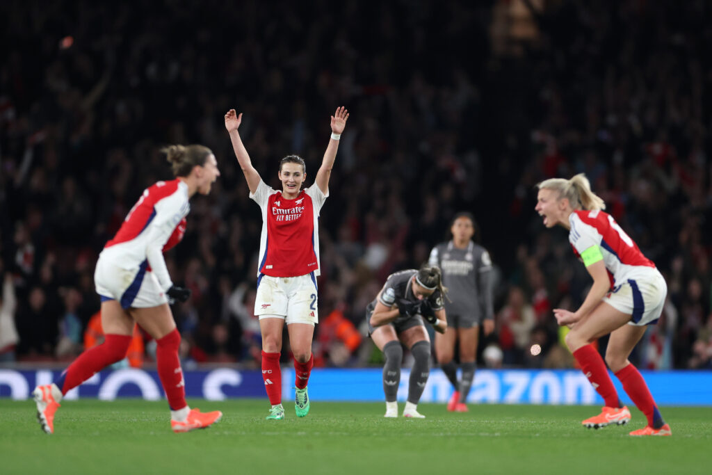 LONDON, ENGLAND - MARCH 26: Emily Fox of Arsenal celebrates after the team's victory and progression to the Semi-Final after the UEFA Women's Champions League Quarter Finals Second Leg match between Arsenal FC and Real Madrid CF at Emirates Stadium on March 26, 2025 in London, England. (Photo by Alex Pantling/Getty Images)