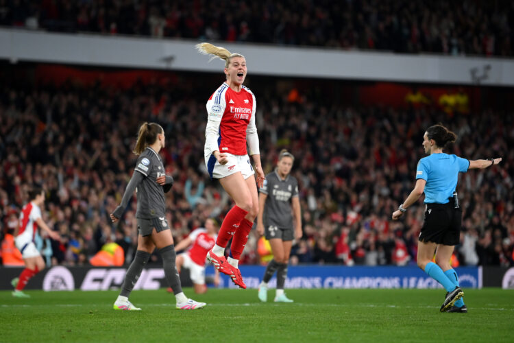 LONDON, ENGLAND - MARCH 26: Alessia Russo of Arsenal celebrates after scoring a goal which was later disallowed for offside during the UEFA Women's...