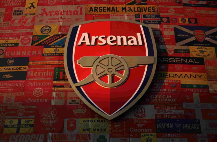 LONDON, ENGLAND - MARCH 26: A view of the Arsenal badge on the side of the stadium prior to the UEFA Women's Champions League Quarter Finals Second...