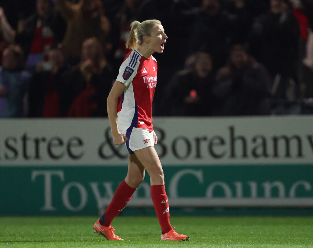 Arsenal win thriller against West Ham, Slegers, Williamson & Caldentey react 4 BOREHAMWOOD, ENGLAND - MARCH 02: Leah Williamson of Arsenal celebrates scoring her team's third goal during the Barclays Women's Super League match between Arsenal FC and West Ham United FC at Mangata Pay UK Stadium on March 02, 2025 in Borehamwood, England. (Photo by Alex Pantling/Getty Images)