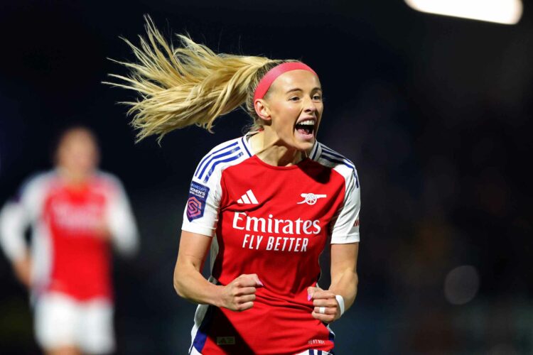 BOREHAMWOOD, ENGLAND - MARCH 02: Chloe Kelly of Arsenal celebrates the awarding of a penalty during the Barclays Women's Super League match between...