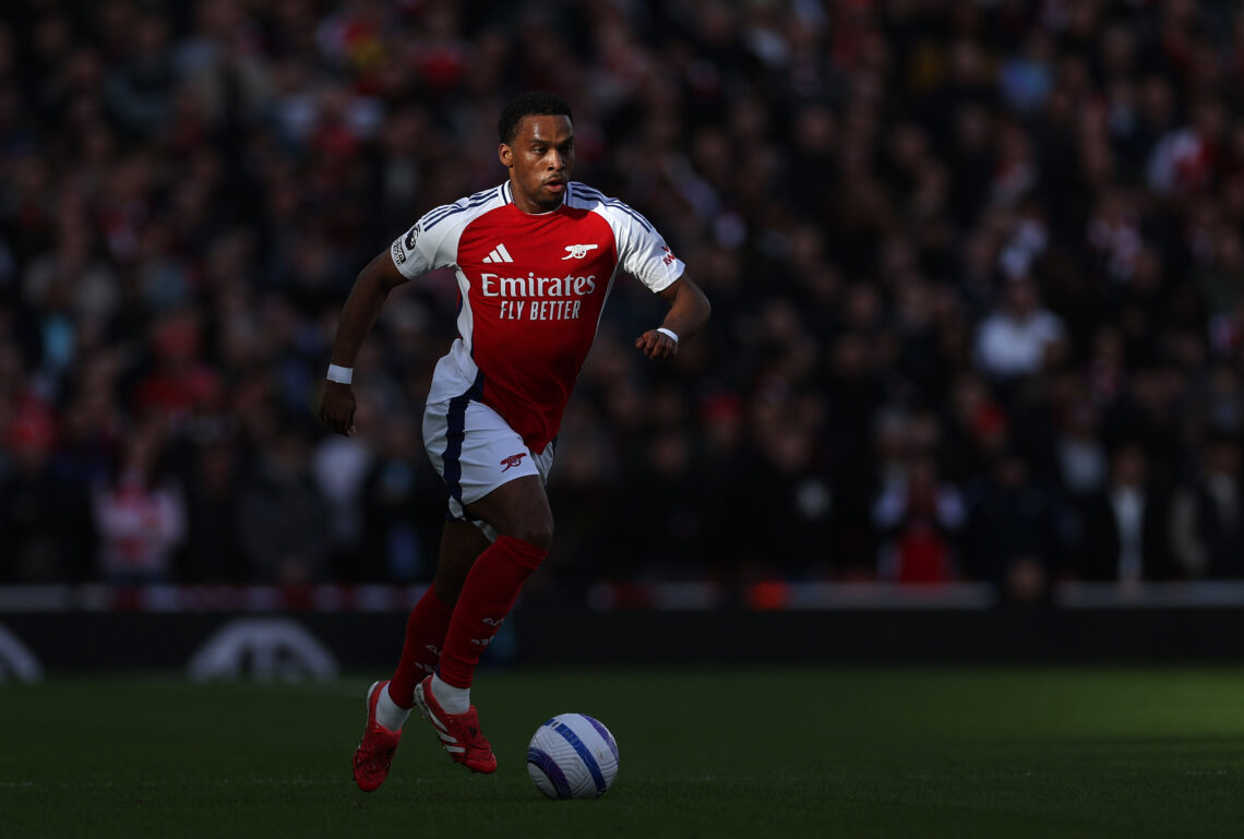 LONDON, ENGLAND - FEBRUARY 22: Jurrien Timber of Arsenal controls the ball during the Premier League match between Arsenal FC and West Ham United F...