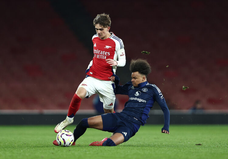 LONDON, ENGLAND - FEBRUARY 28: Max Dowman of Arsenal is tackled by Samuel Lusale of Manchester United during the FA Youth Cup Quarter Final match b...