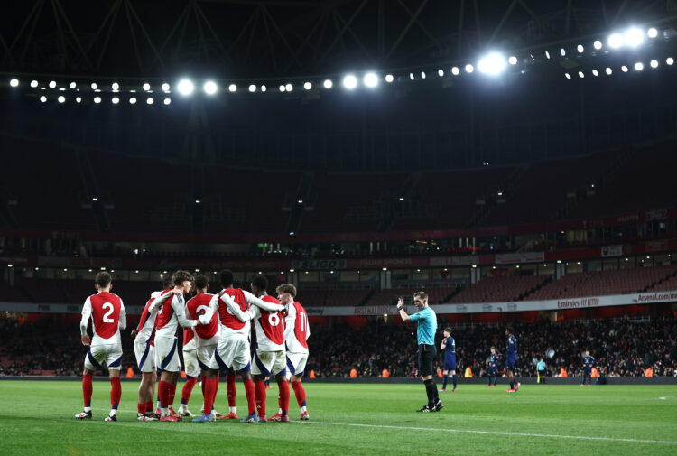LONDON, ENGLAND - FEBRUARY 28: Louis Copley of Arsenal celebrates scoring his team's first goal with teammates during the FA Youth Cup Quarter Fina...