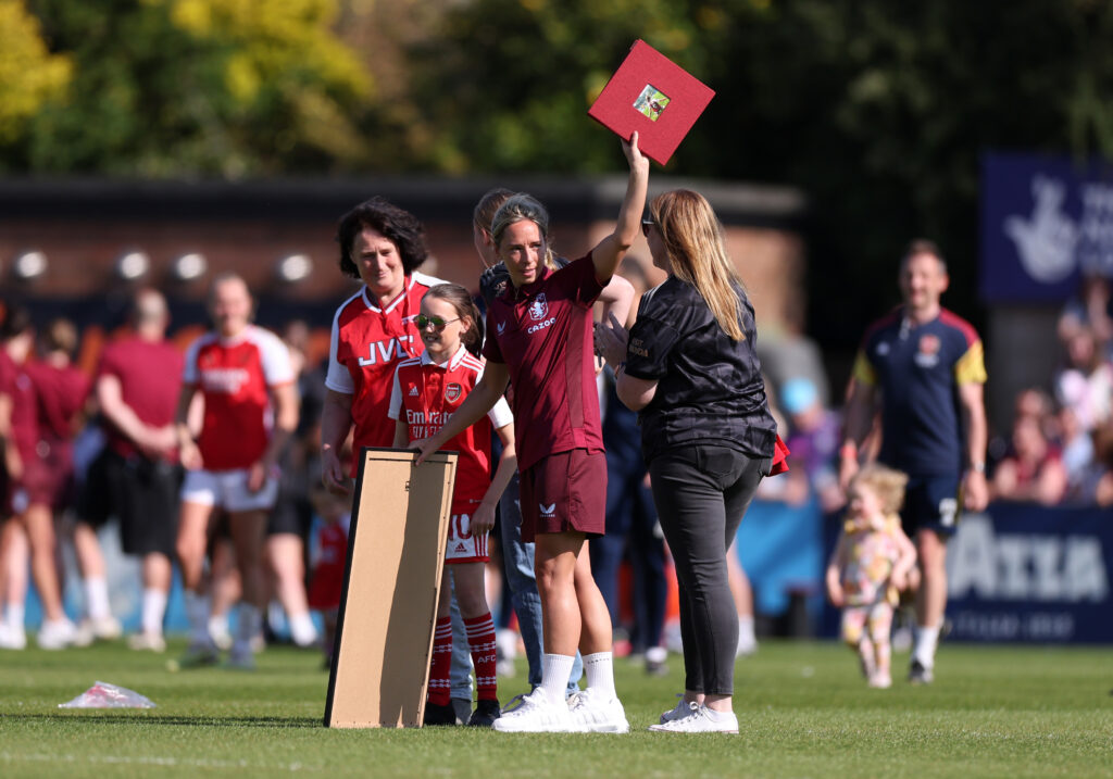 Former Arsenal star prepares for coaching future 2 BOREHAMWOOD, ENGLAND - MAY 27: Jordan Nobbs of Aston Villa waves to the fans after she is presented with a shirt to commemorate her time at Arsenal after the FA Women's Super League match between Arsenal and Aston Villa at Meadow Park on May 27, 2023 in Borehamwood, England. (Photo by Catherine Ivill/Getty Images)