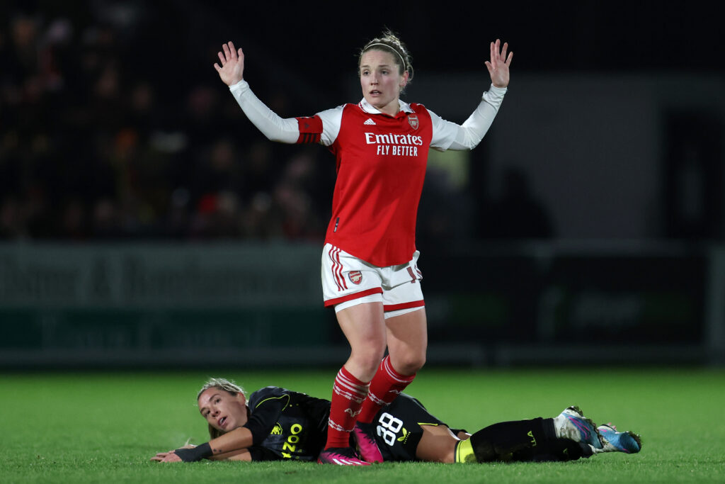 Former Arsenal star prepares for coaching future 3 BOREHAMWOOD, ENGLAND - JANUARY 26: Kim Little of Arsenal reacts after fouling Jordan Nobbs of Aston Villa during the FA Women's Continental Tyres League Cup Quarter Finals match between Arsenal and Aston Villa at Meadow Park on January 26, 2023 in Borehamwood, England. (Photo by Catherine Ivill/Getty Images)