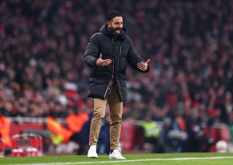 LONDON, ENGLAND - JANUARY 12: Ruben Amorim, Manager of Manchester United, gestures during the Emirates FA Cup Third Round match between Arsenal and...