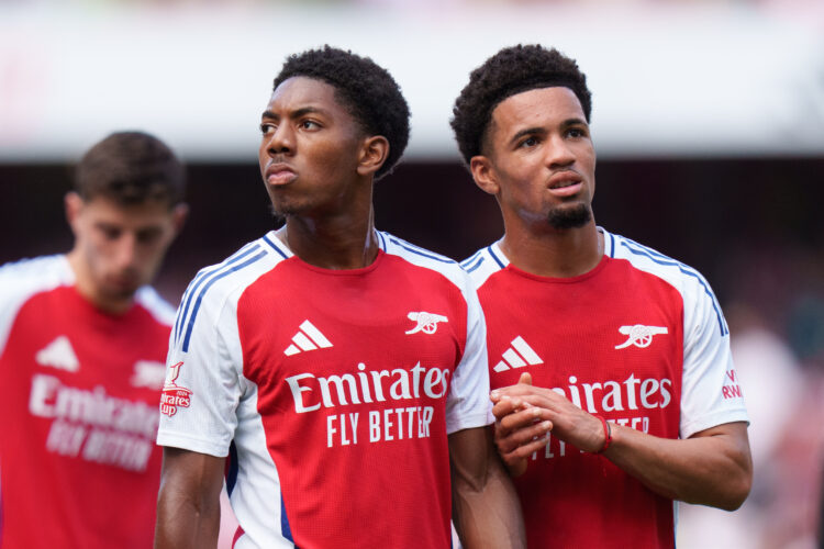 LONDON, ENGLAND - AUGUST 11: Myles Lewis-Skelly and Ethan Nwaneri of Arsenal look on after the pre-season friendly match between Arsenal and Olympi...