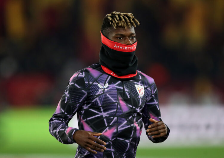 ROME, ITALY - MARCH 06: Nico Williams of Athletic Club looks on as he warms up prior to the UEFA Europa League 2024/25 Round of 16 First Leg match ...