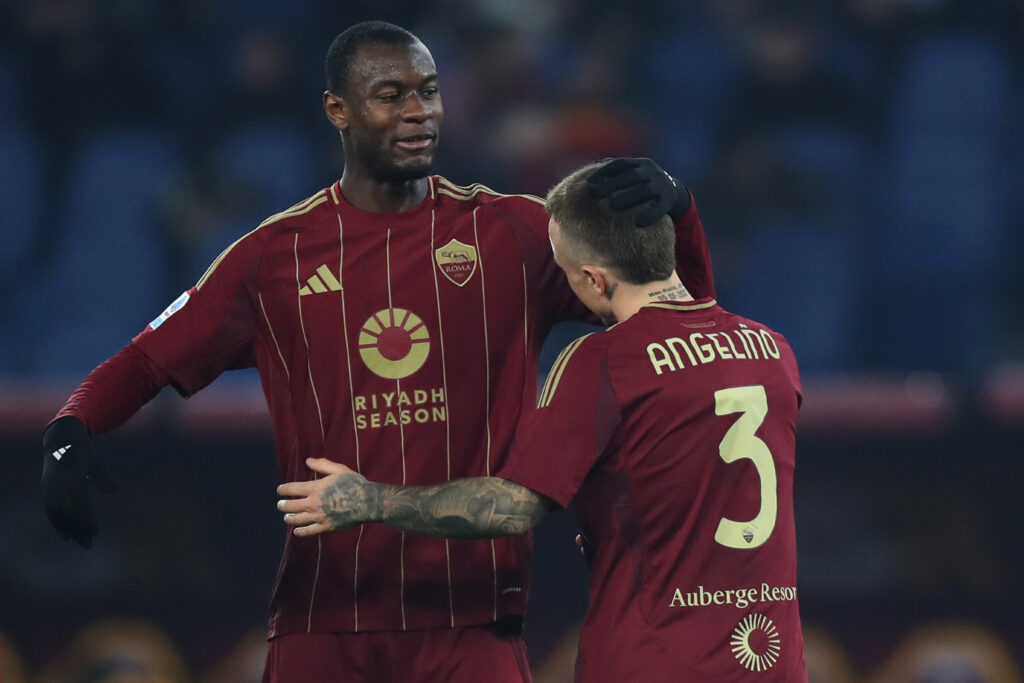 Arsenal face Forest competition for £25m Roma star 2 ROME, ITALY - FEBRUARY 24: Angelino of Roma celebrates scoring his teams third goal of the game with teammate Evan Ndicka during the Serie A match between AS Roma and Monza at Stadio Olimpico on February 24, 2025 in Rome, Italy. (Photo by Paolo Bruno/Getty Images)