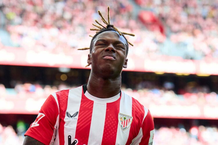 BILBAO, SPAIN - FEBRUARY 23: Nico Williams of Athletic Club reacts during the LaLiga match between Athletic Club and Real Valladolid CF at Estadio ...