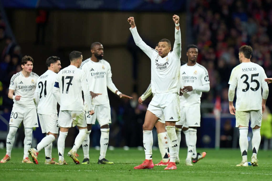 MADRID, SPAIN - MARCH 12: Kylian Mbappe of Real Madrid celebrates in the penalty shoot out during the UEFA Champions League 2024/25 UEFA Champions ...