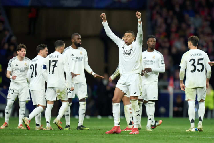 MADRID, SPAIN - MARCH 12: Kylian Mbappe of Real Madrid celebrates in the penalty shoot out during the UEFA Champions League 2024/25 UEFA Champions ...