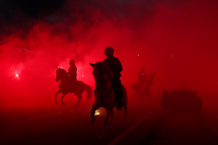 MADRID, SPAIN - MARCH 12: Mounted police are seen patrolling outside the stadium prior to the UEFA Champions League 2024/25 UEFA Champions League 2...