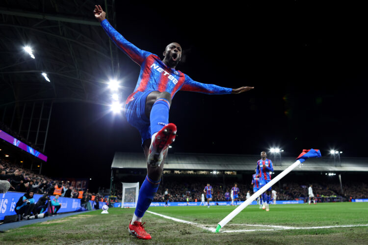 LONDON, ENGLAND - FEBRUARY 25: Jean-Philippe Mateta of Crystal Palace celebrates scoring his team's second goal during the Premier League match bet...