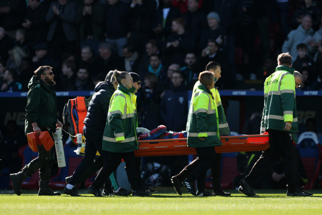 LONDON, ENGLAND - MARCH 01: Jean-Philippe Mateta of Crystal Palace is stretchered off the pitch by medical staff after a challenge by Liam Roberts of Millwall (not pictured) which resulted in a red card during the Emirates FA Cup Fifth Round match between Crystal Palace and Millwall at Selhurst Park on March 01, 2025 in London, England. (Photo by Julian Finney/Getty Images)