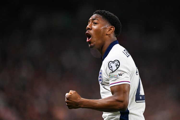 LONDON, ENGLAND: Myles Lewis-Skelly of England celebrates scoring his team's first goal during the FIFA World Cup 2026 European Qualifier between E...