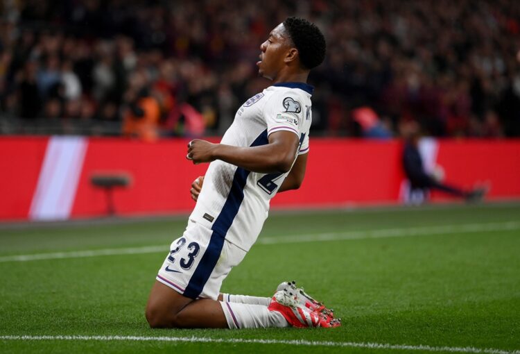 LONDON, ENGLAND: Myles Lewis-Skelly of England celebrates scoring his team's first goal during the FIFA World Cup 2026 European Qualifier between E...