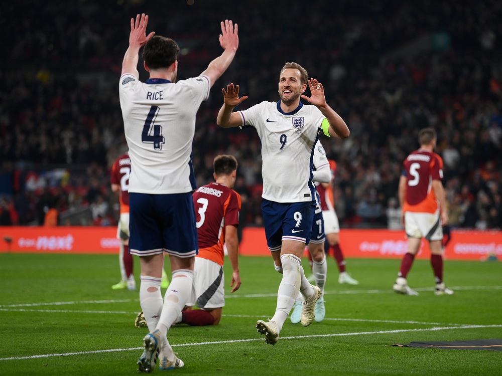 Arsenal 26yo makes it 2 assists in 2 internationals 2 LONDON, ENGLAND: Harry Kane of England celebrates scoring his team's second goal with teammate Declan Rice during the FIFA World Cup 2026 European Qualifier between England and Latvia at Wembley Stadium on March 24, 2025. (Photo by Mike Hewitt/Getty Images)