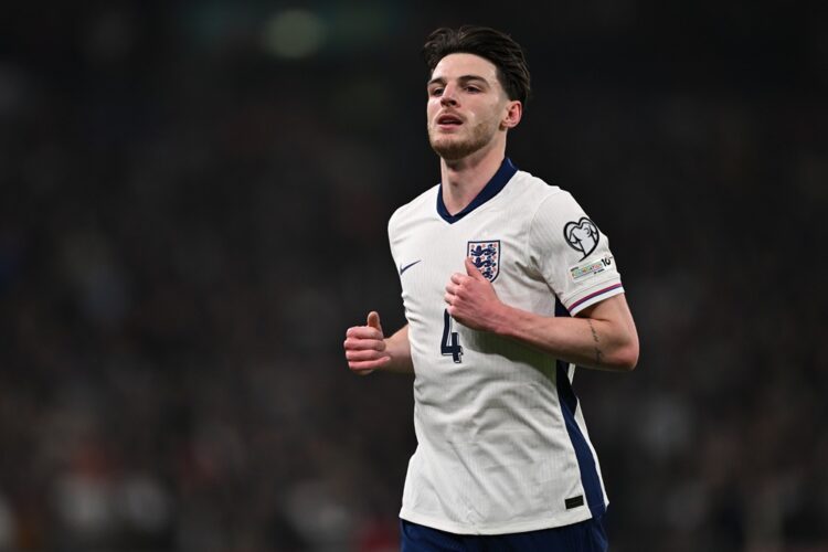 LONDON, ENGLAND: Declan Rice of England looks on during the FIFA World Cup 2026 European Qualifier between England and Latvia at Wembley Stadium on...