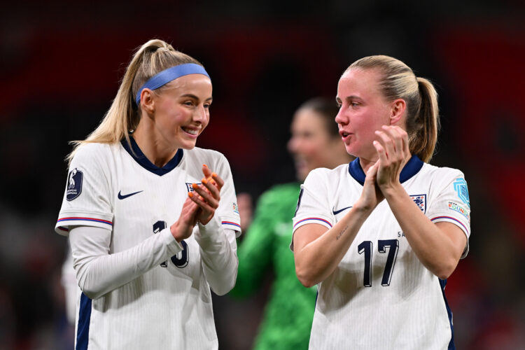 LONDON, ENGLAND - APRIL 05: Chloe Kelly of England applauds the fans with teammate Beth Mead after the UEFA EURO 2025 Women's Qualifiers match betw...