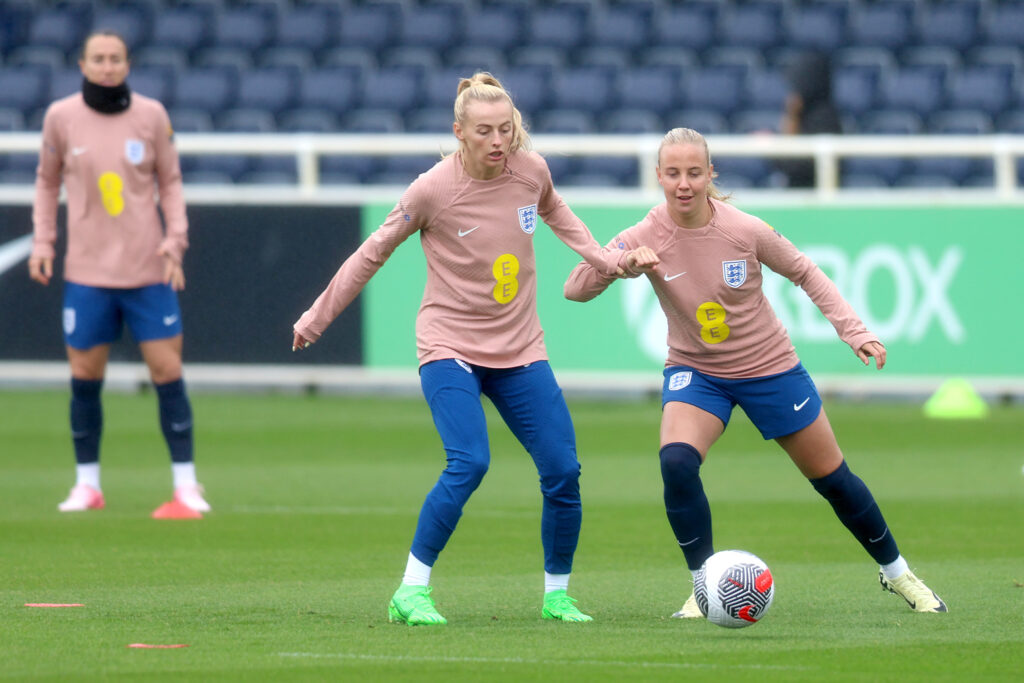 BURTON-UPON-TRENT, ENGLAND - MAY 28: Chloe Kelly and Beth Mead of England in action during a training session at St Georges Park on May 28, 2024 in Burton-upon-Trent, England. (Photo by Nathan Stirk/Getty Images)