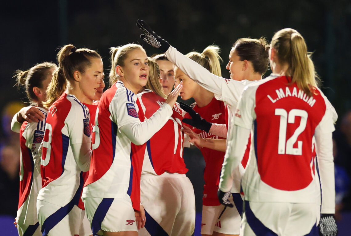 LIVERPOOL, ENGLAND - MARCH 14: Alessia Russo of Arsenal celebrates scoring hers team's first goal with team mates during the Barclays Women's Super...