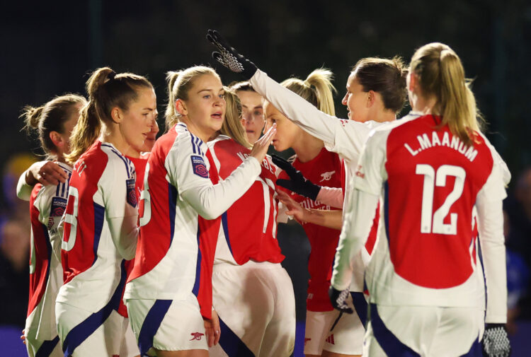 LIVERPOOL, ENGLAND - MARCH 14: Alessia Russo of Arsenal celebrates scoring hers team's first goal with team mates during the Barclays Women's Super...