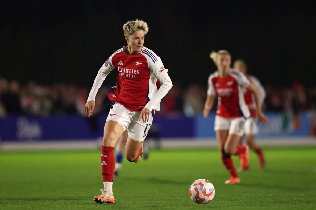 LIVERPOOL, ENGLAND - MARCH 14: Lina Hurtig of Arsenal in action during the Barclays Women's Super League match between Everton FC and Arsenal FC at Walton Hall Park on March 14, 2025 in Liverpool, England. (Photo by Jan Kruger/Getty Images)