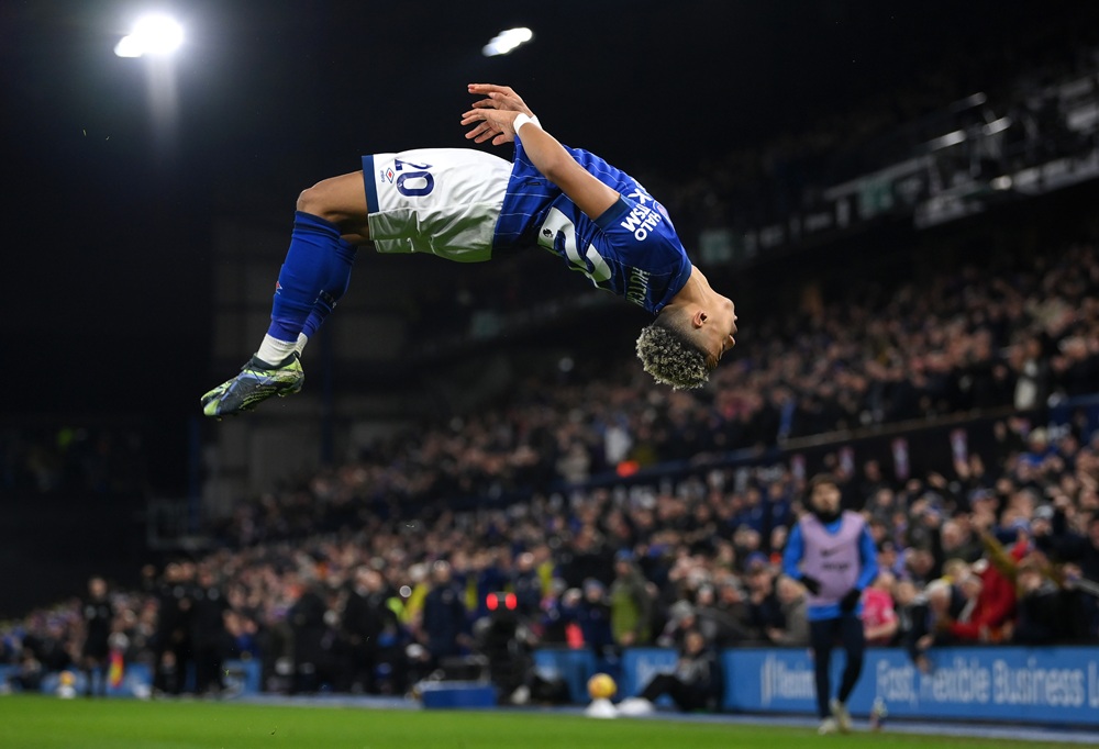 IPSWICH, ENGLAND: Omari Hutchinson of Ipswich Town celebrates scoring his team's second goal during the Premier League match between Ipswich Town FC and Chelsea FC at Portman Road on December 30, 2024. (Photo by Justin Setterfield/Getty Images)
