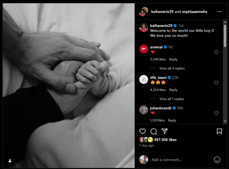 Kai Havertz announces the birth of his son